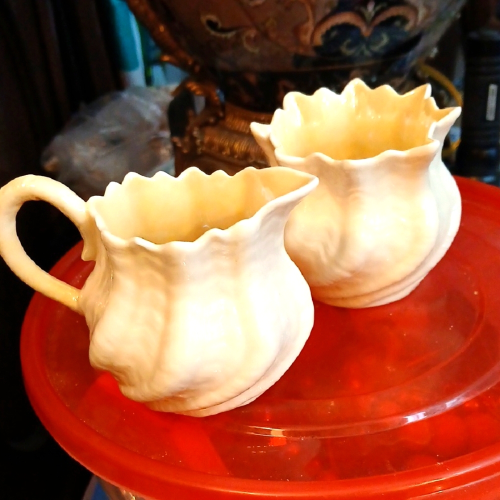 Creamy White Belleek Eggshell Porcelain Cream and Sugar Set, 1965 - 1980